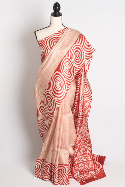 Bengal Hand Batik Pure Silk Saree in Cream and Red - Bengali Saree.