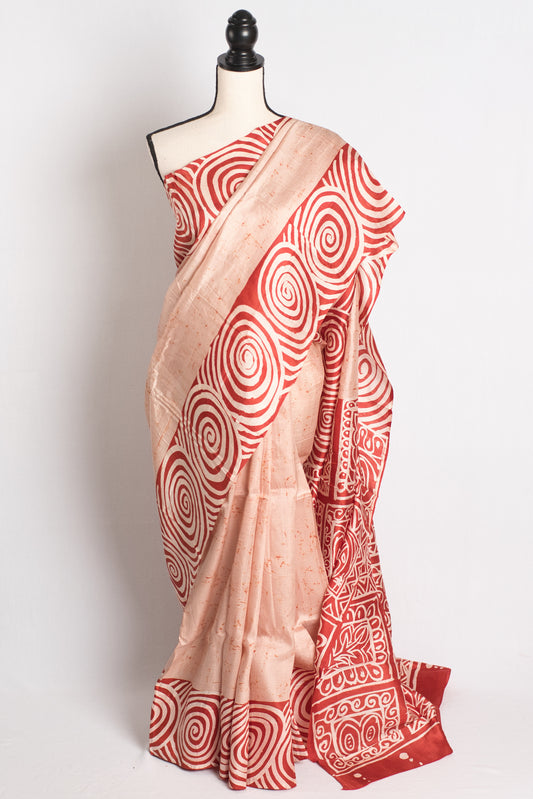Bengal Hand Batik Pure Silk Saree in Cream and Red - Bengali Saree.