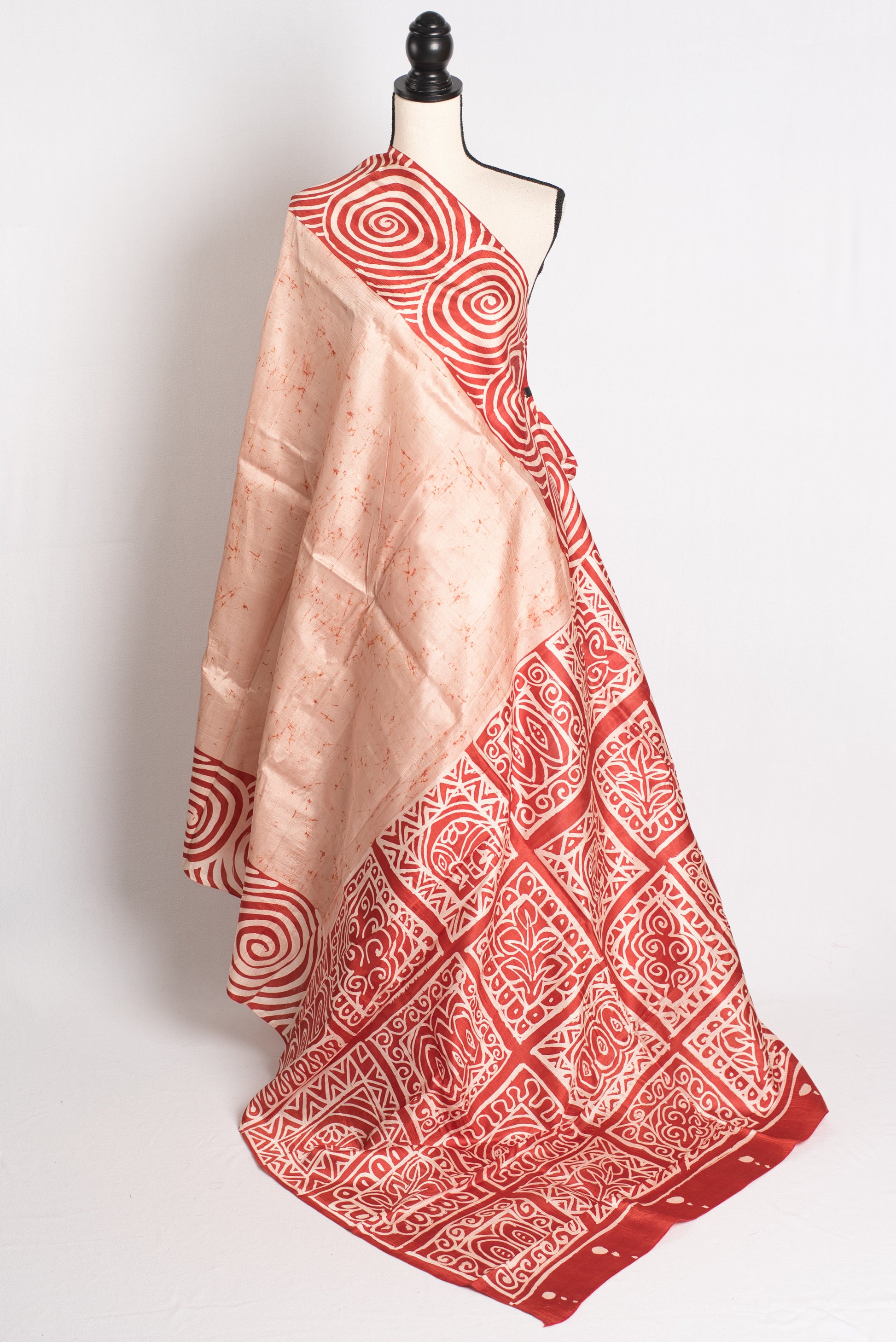 Bengal Hand Batik Pure Silk Saree in Cream and Red - Bengali Saree.