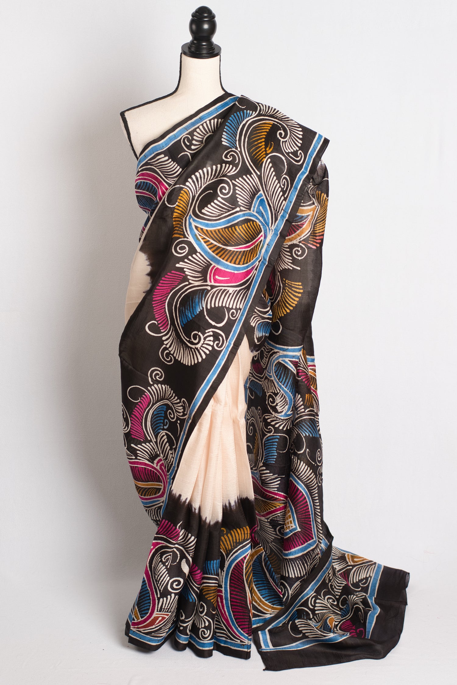 Hand Batik Pure Silk Saree in Off White and Black - Bengali Saree.