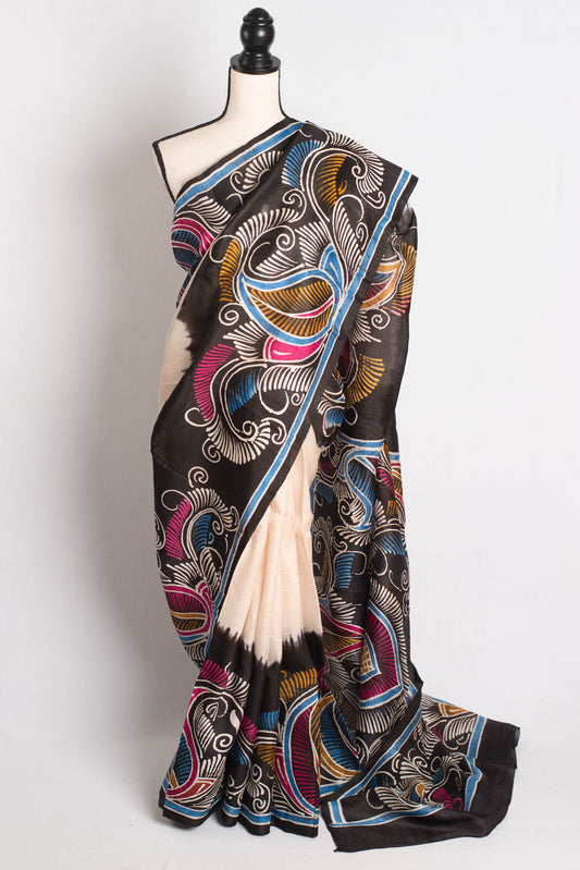 Hand Batik Pure Silk Saree in Off White and Black - Bengali Saree.