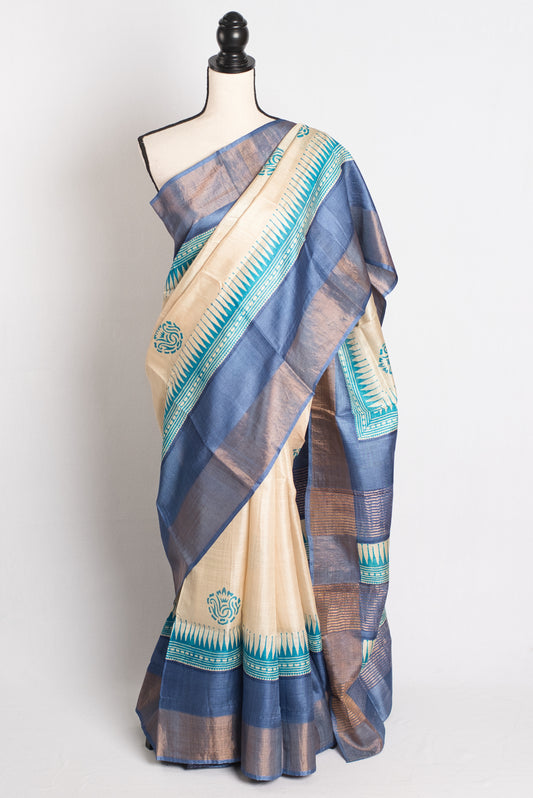 Tussar Tales- Hand Block Printed Silk Saree in Cream and Blue.