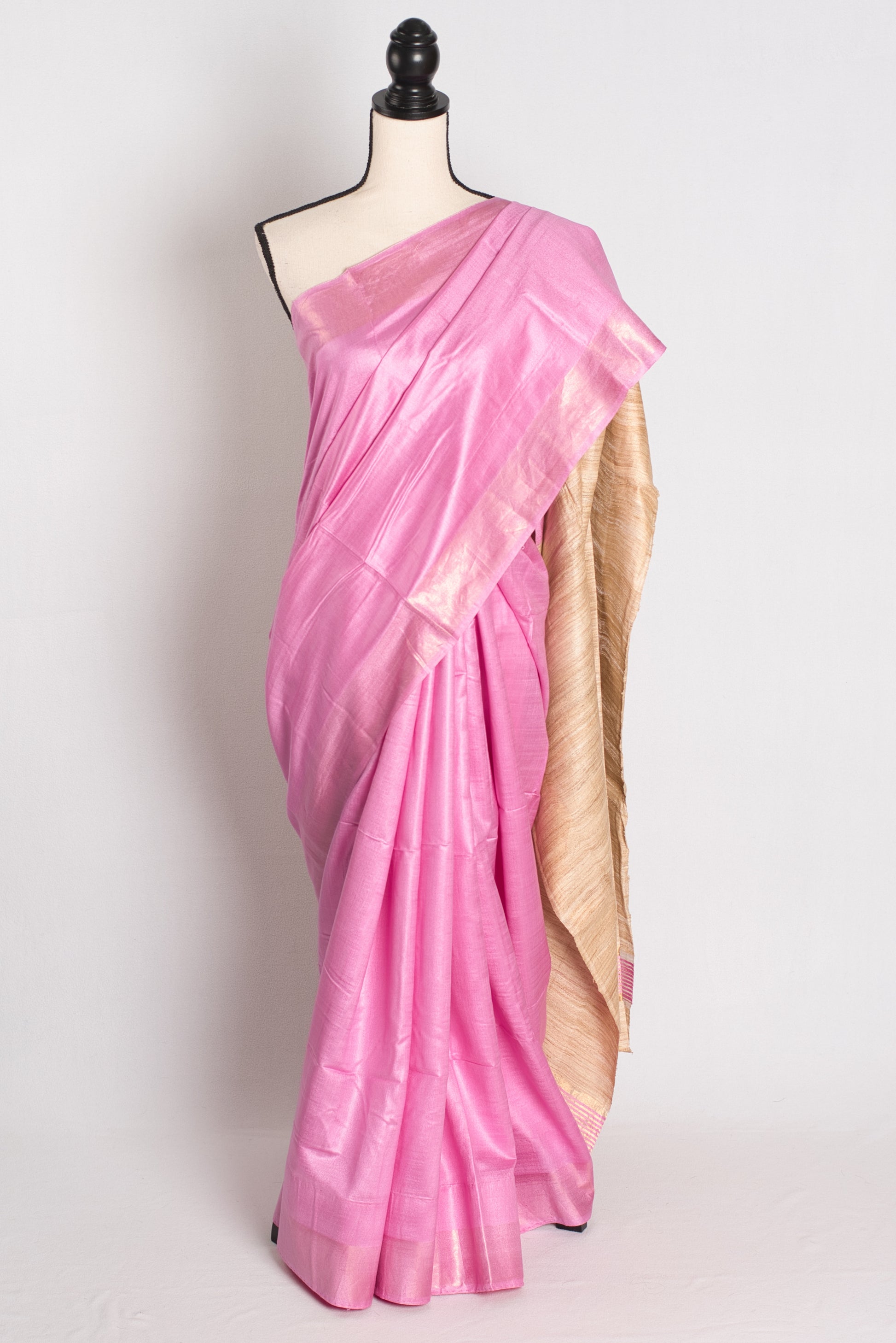Blush Bloom - Pink Staple Tussar Silk Saree with Gicha Tussar Pallu.