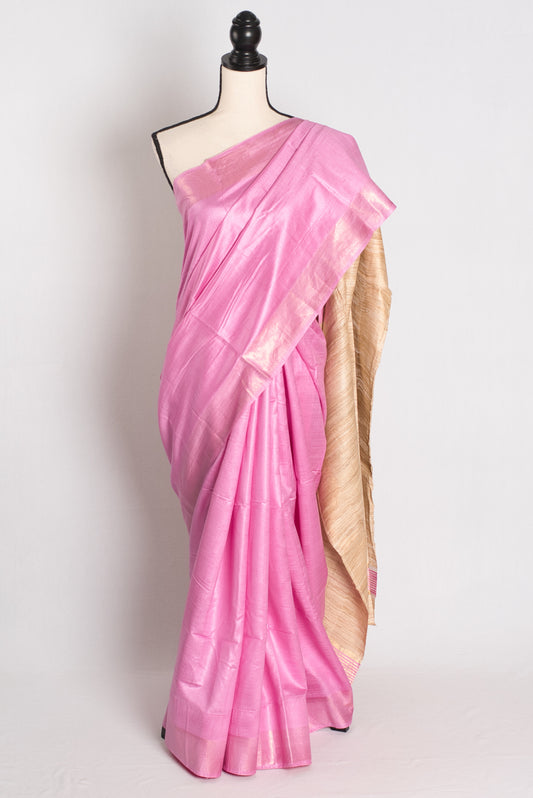 Blush Bloom - Pink Staple Tussar Silk Saree with Gicha Tussar Pallu.