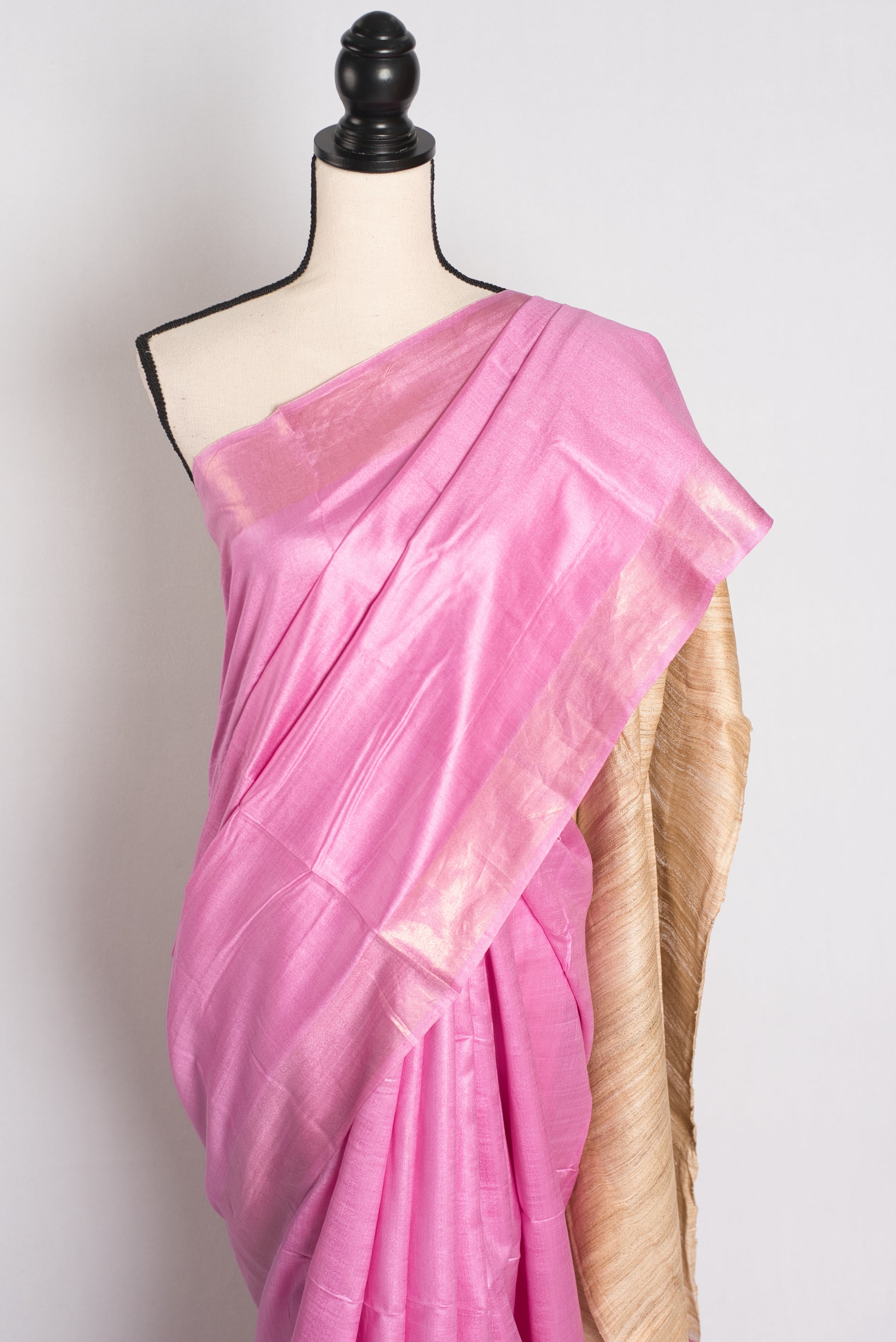 Blush Bloom - Pink Staple Tussar Silk Saree with Gicha Tussar Pallu.