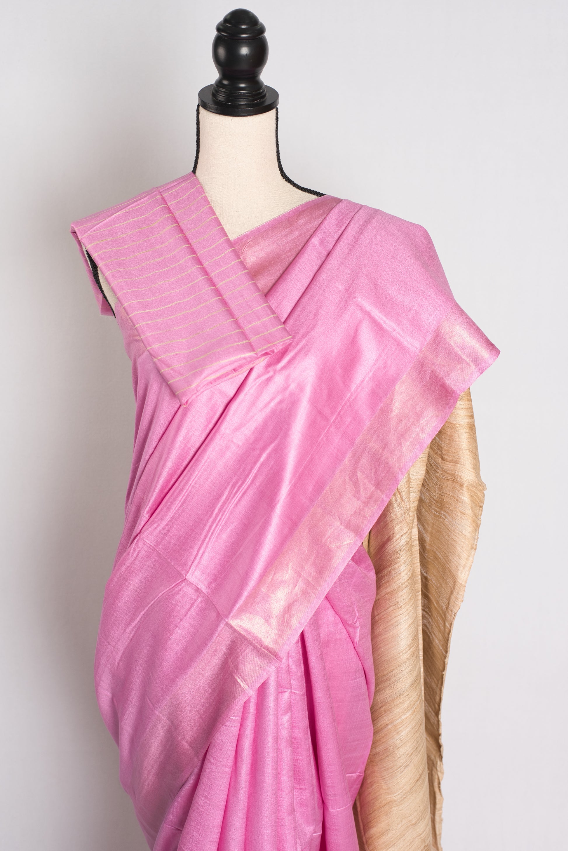 Blush Bloom - Pink Staple Tussar Silk Saree with Gicha Tussar Pallu.