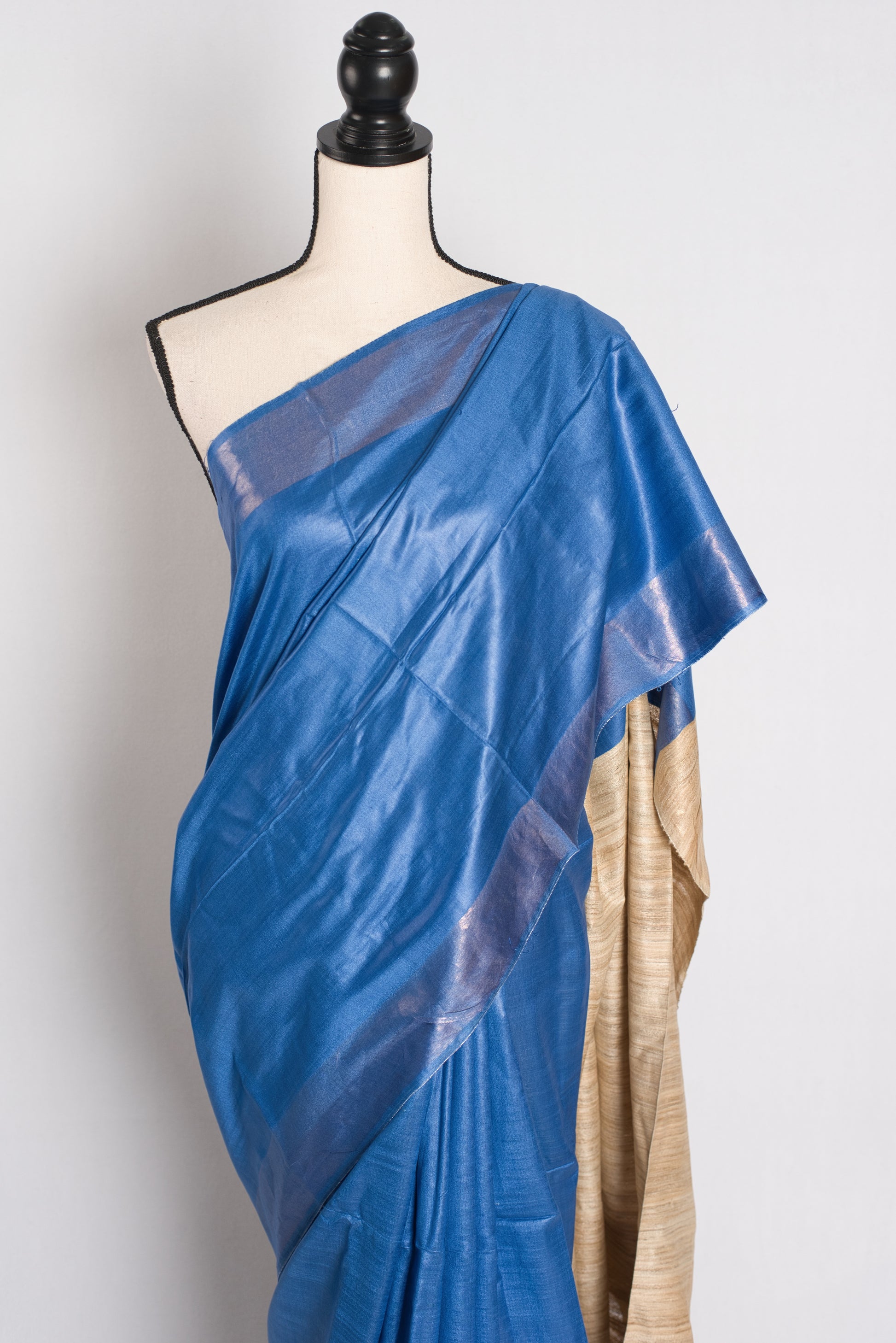 Serene Sky - Blue Staple Tussar Silk Saree with Gicha Tussar Pallu.