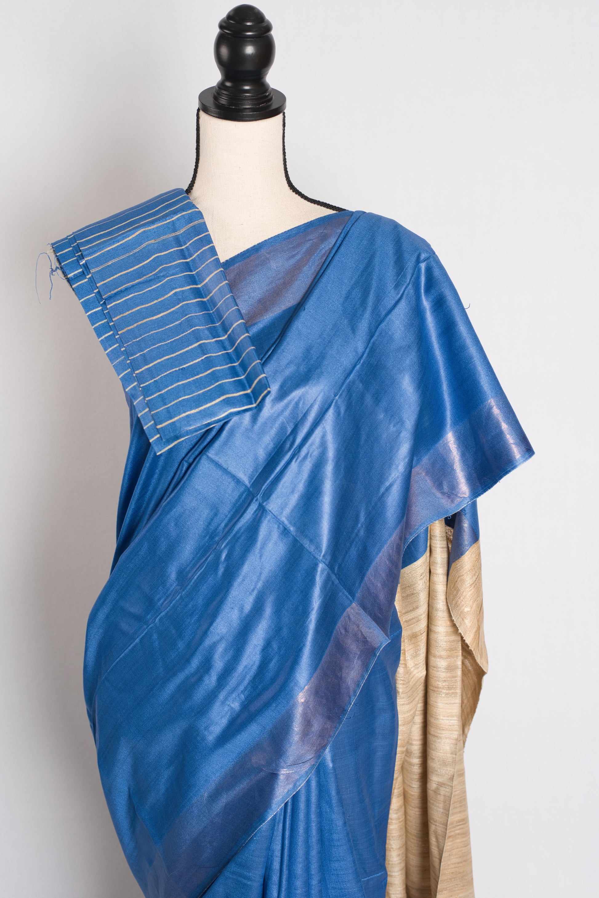 Serene Sky - Blue Staple Tussar Silk Saree with Gicha Tussar Pallu.