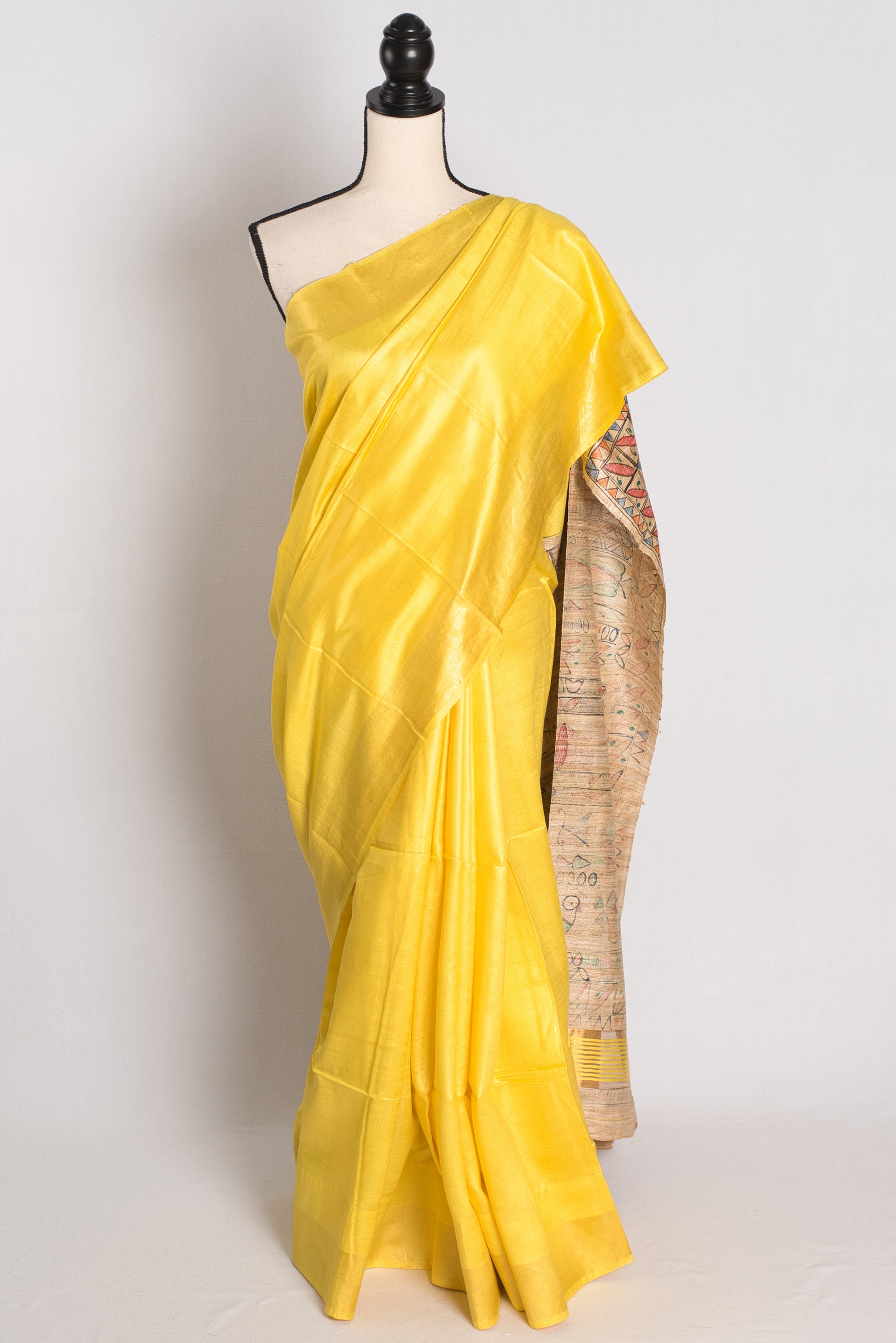 Staple Tussar Silk Saree with Hand Painted Madhubani Pallu.