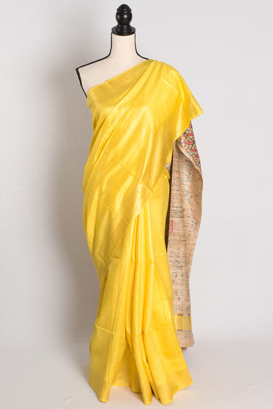 Staple Tussar Silk Saree with Hand Painted Madhubani Pallu.