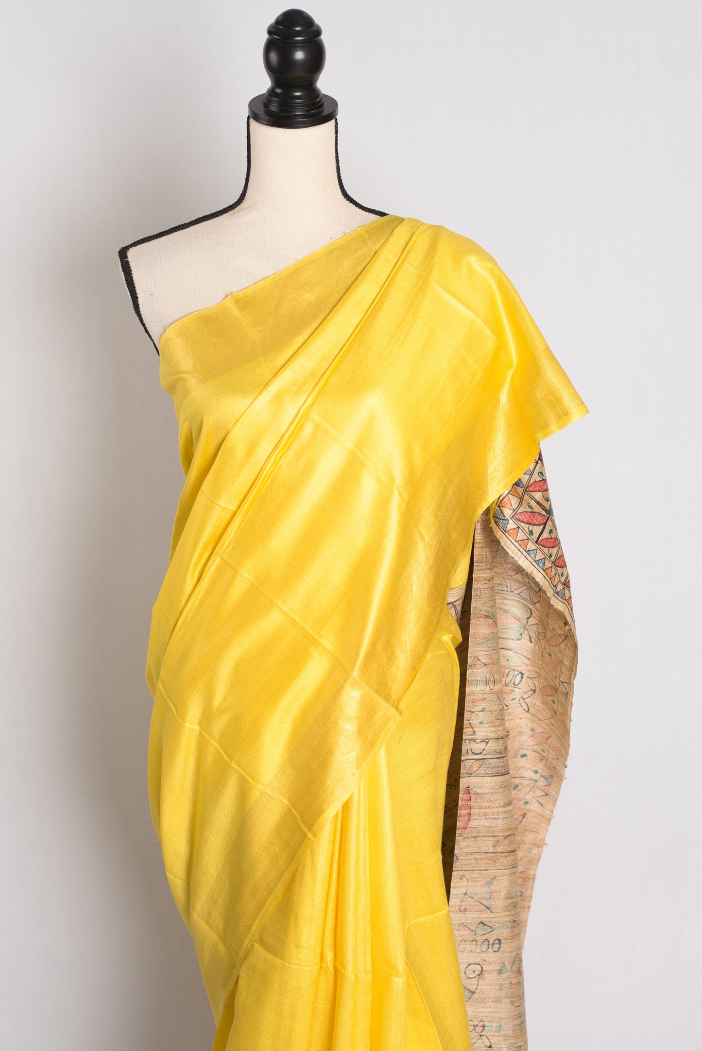 Staple Tussar Silk Saree with Hand Painted Madhubani Pallu.