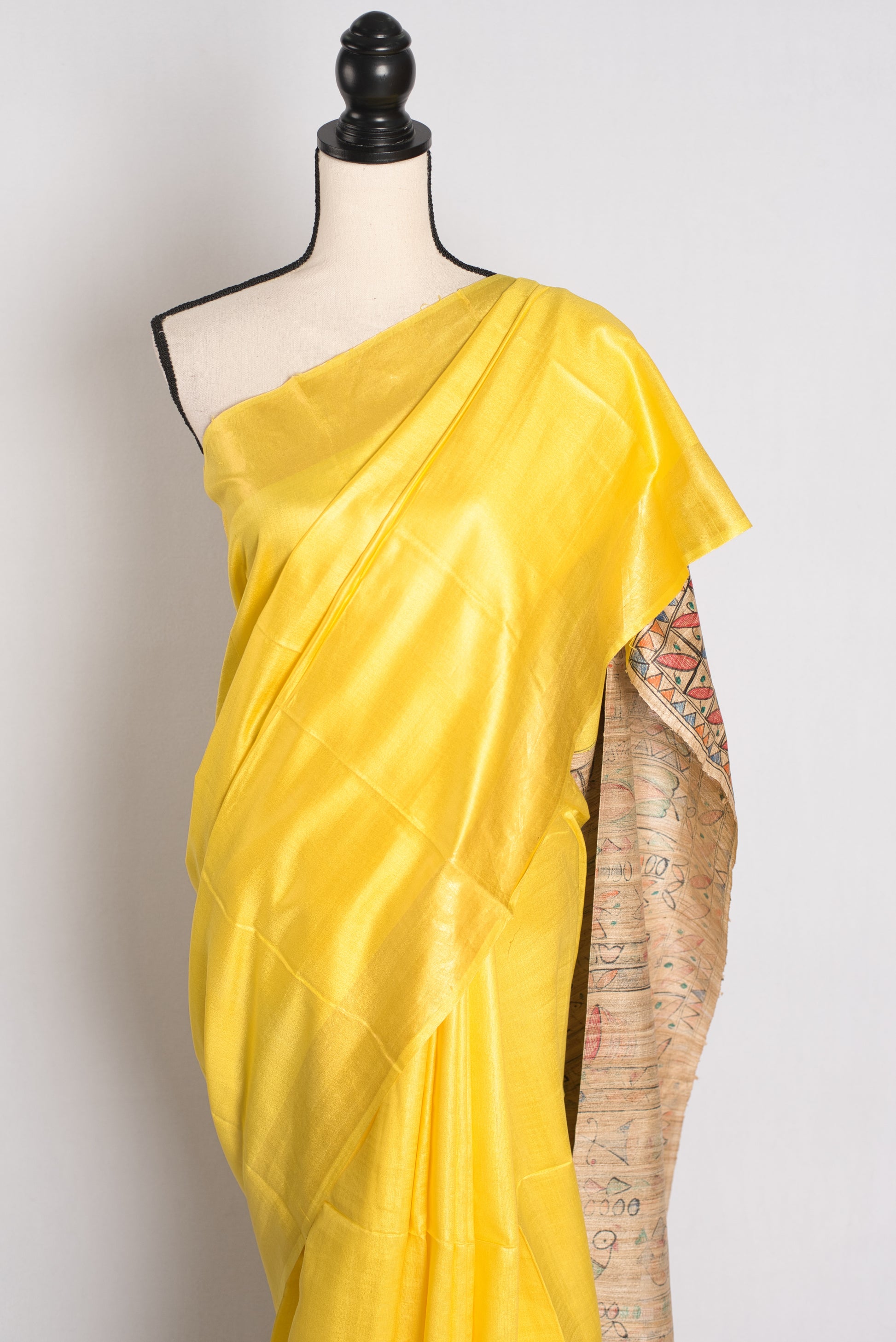 Staple Tussar Silk Saree with Hand Painted Madhubani Pallu.