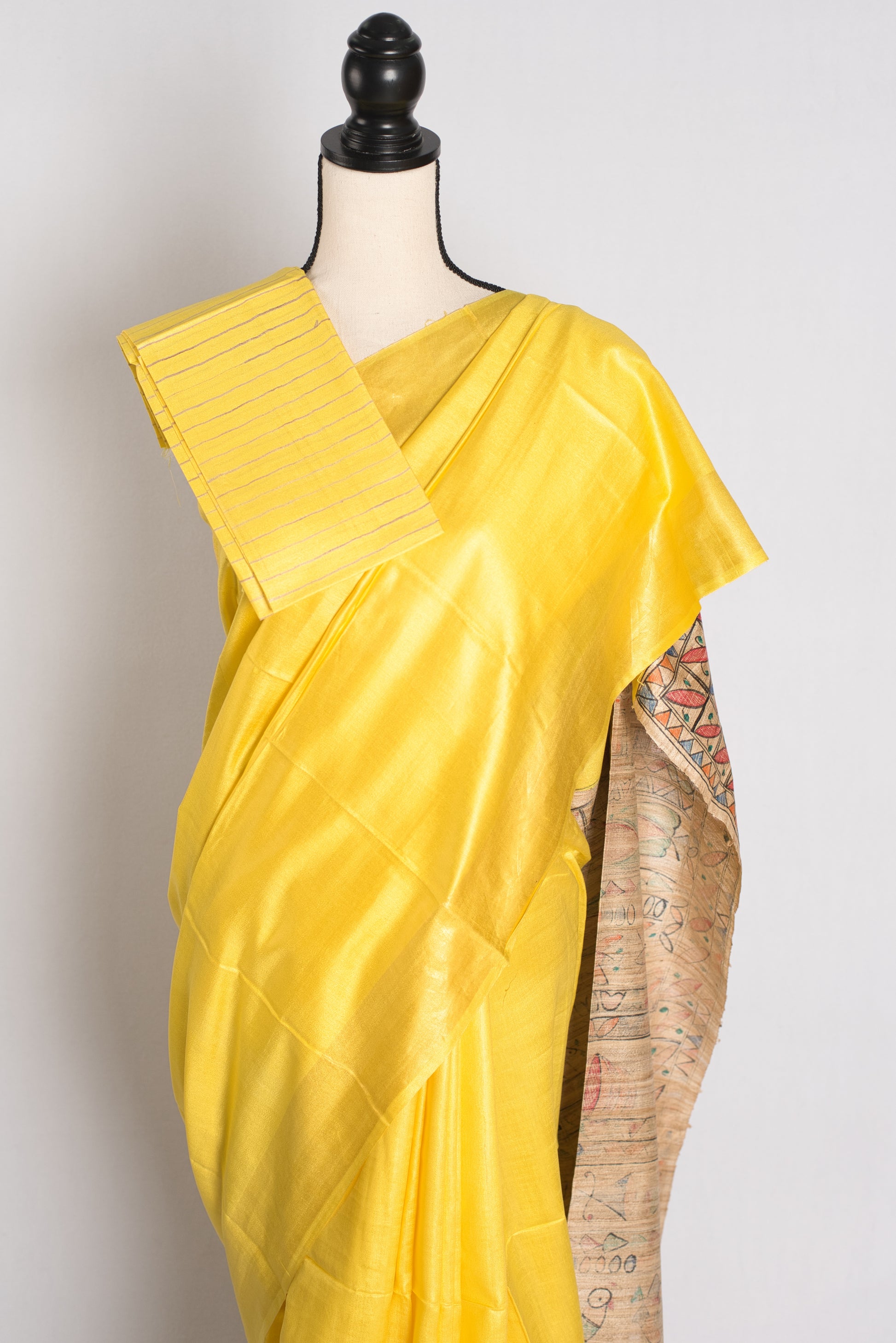 Staple Tussar Silk Saree with Hand Painted Madhubani Pallu.