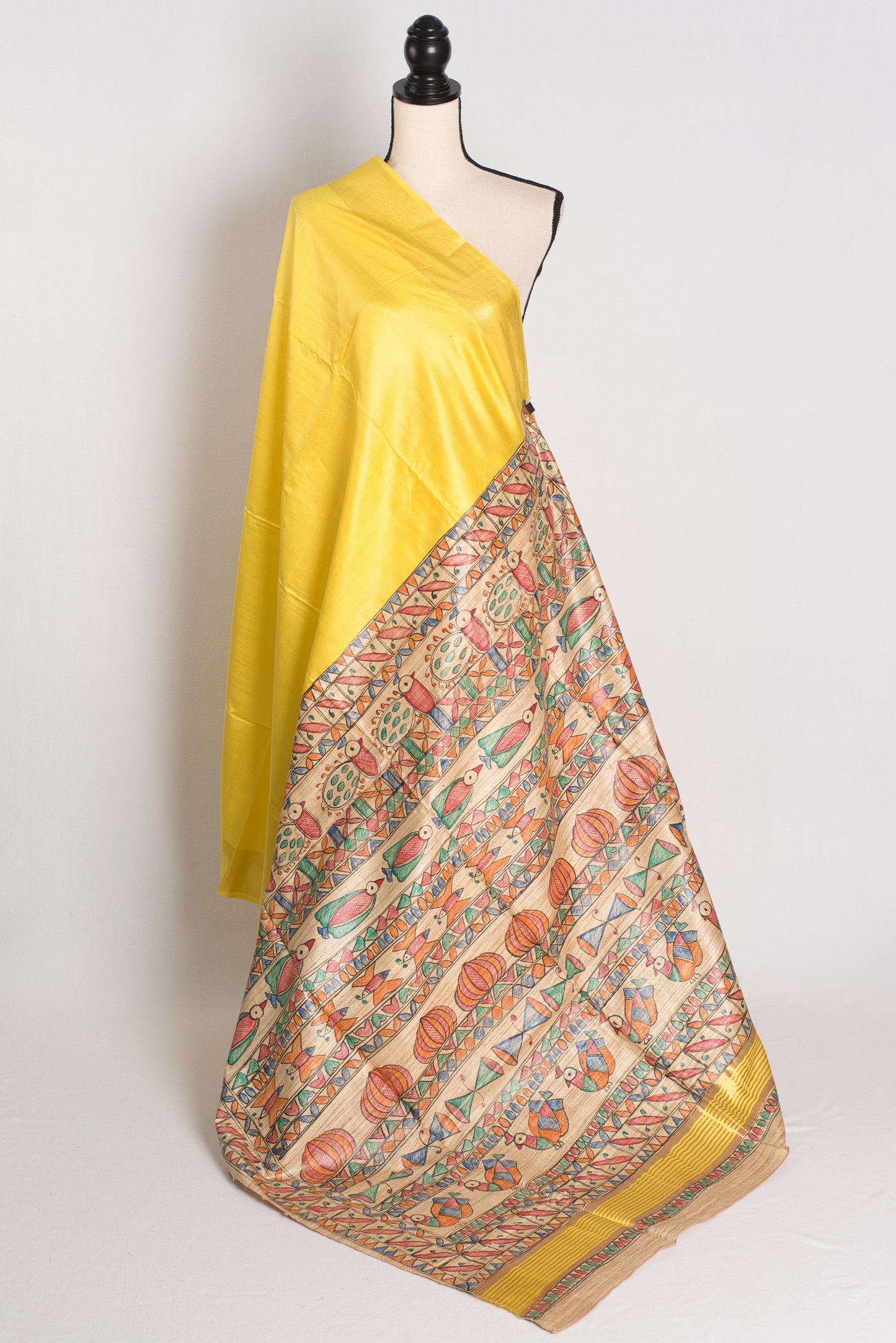 Staple Tussar Silk Saree with Hand Painted Madhubani Pallu.