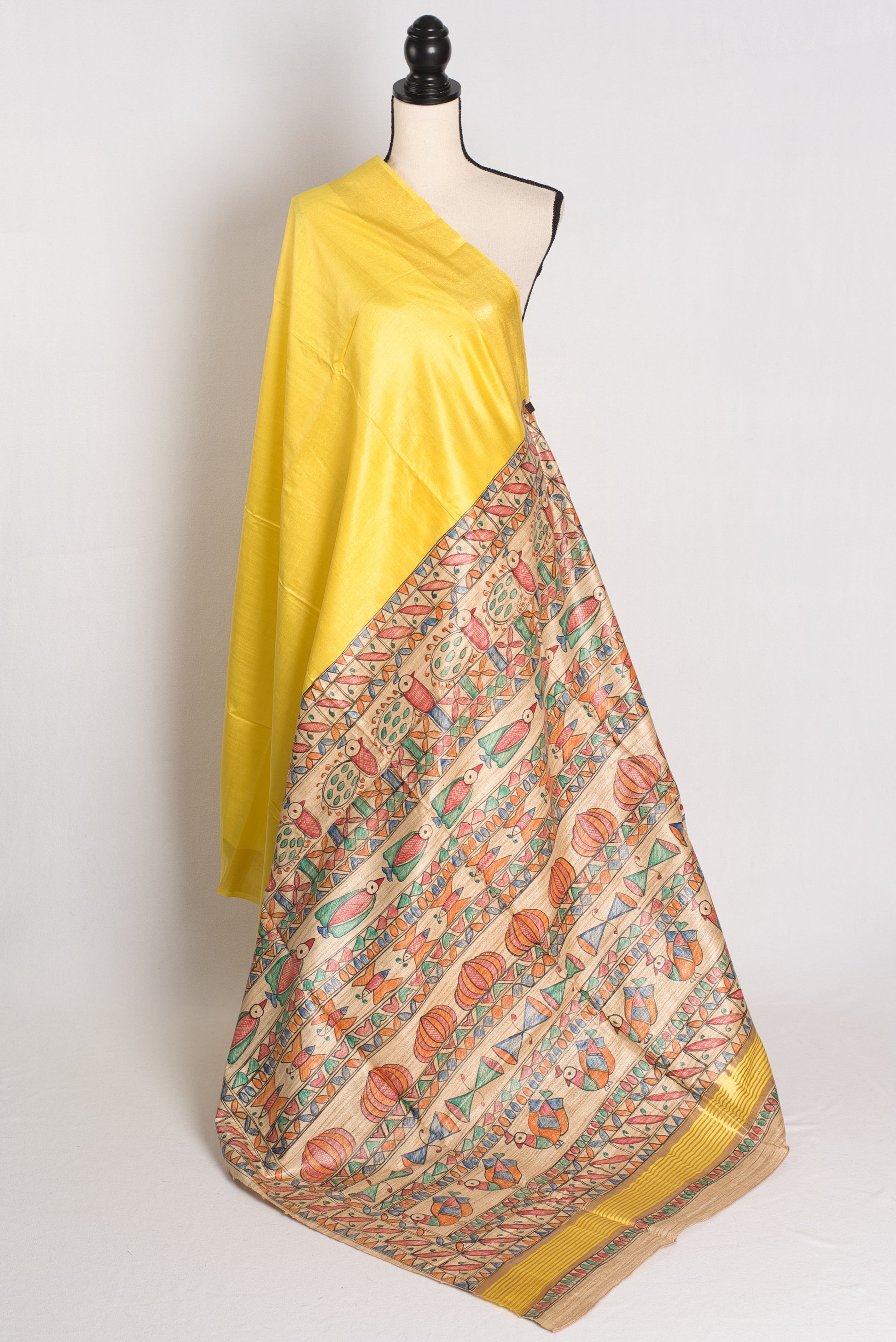Staple Tussar Silk Saree with Hand Painted Madhubani Pallu.