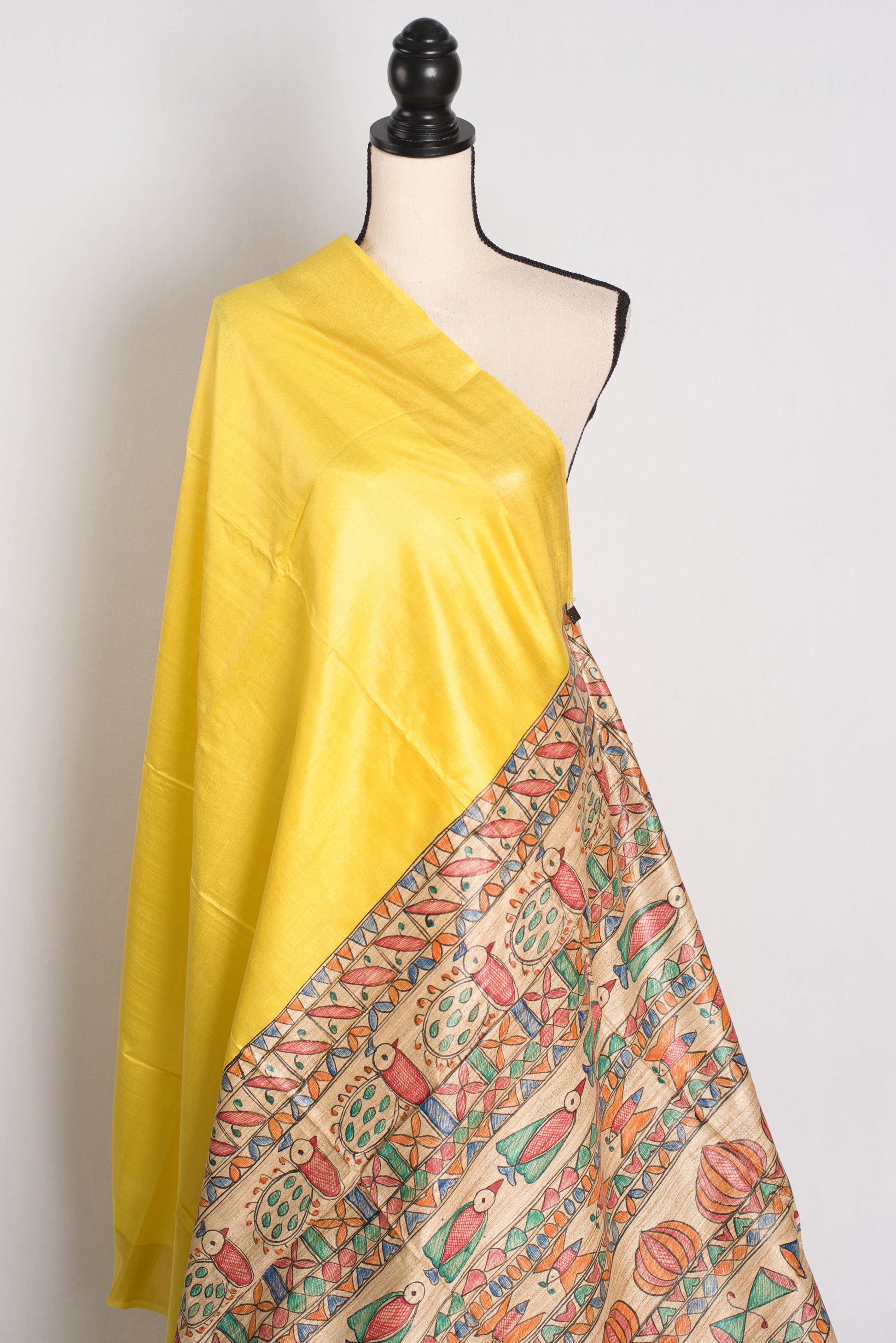 Staple Tussar Silk Saree with Hand Painted Madhubani Pallu.