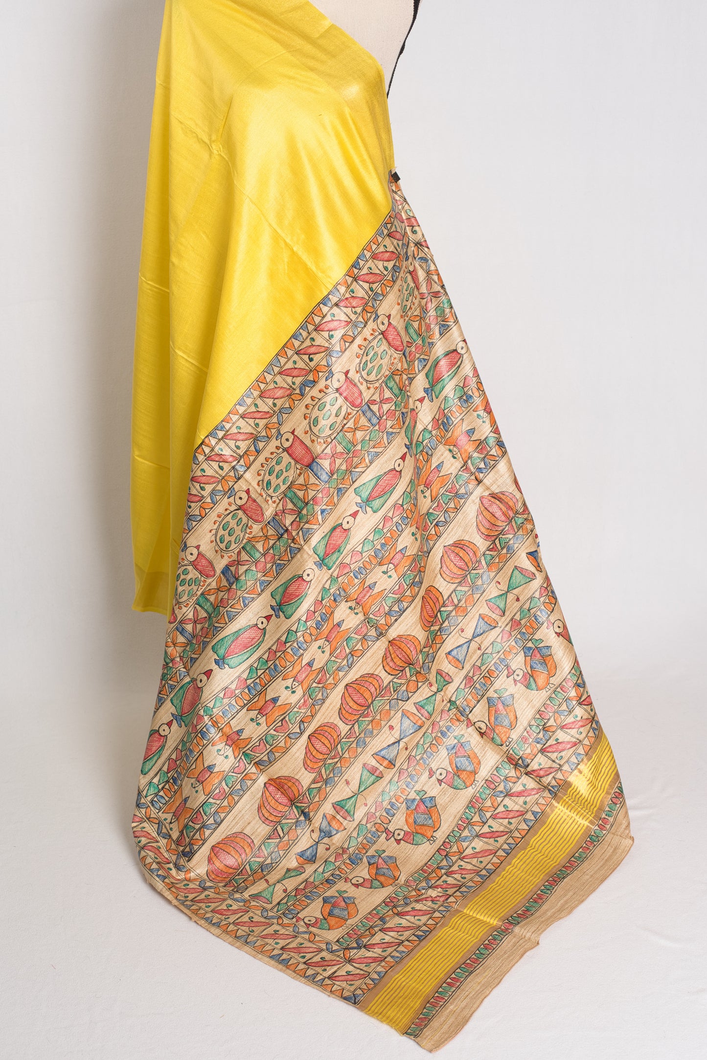 Staple Tussar Silk Saree with Hand Painted Madhubani Pallu.