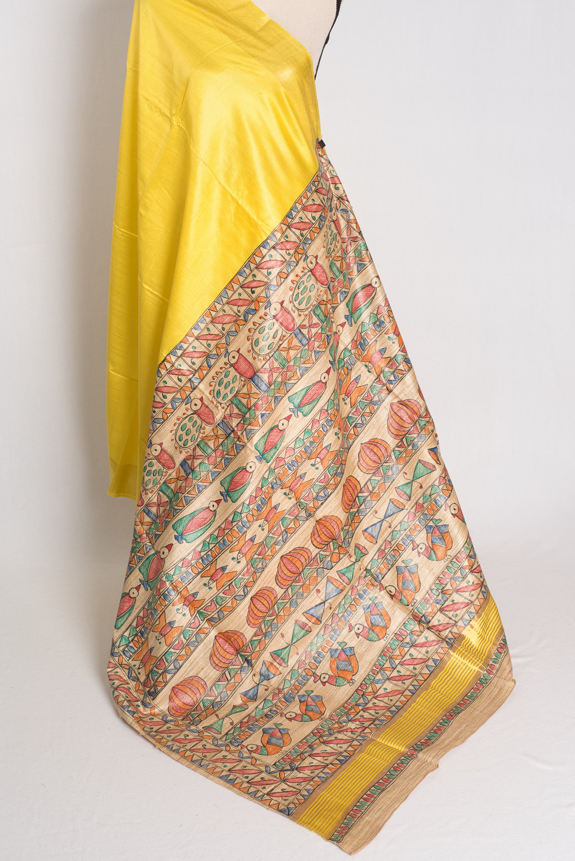 Staple Tussar Silk Saree with Hand Painted Madhubani Pallu.