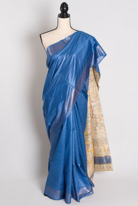 Blue Tussar Silk Saree with Hand Painted Madhubani Pallu.
