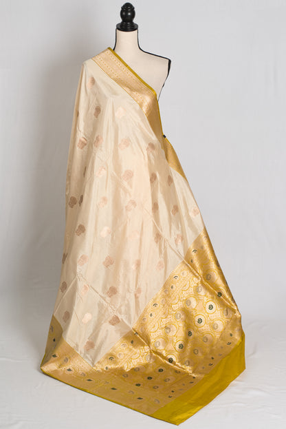 Kamalini : Silk Mark Certified Cream Banarasi Saree with Meenakari Work