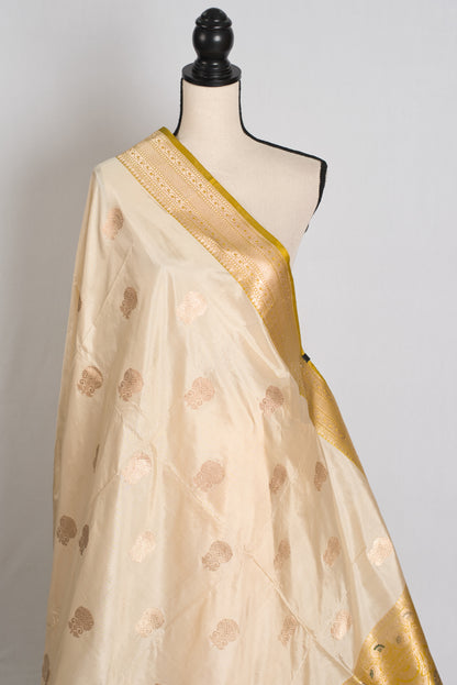 Kamalini : Silk Mark Certified Cream Banarasi Saree with Meenakari Work