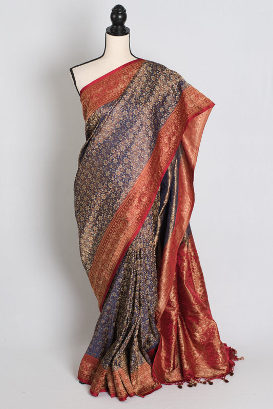 Brinda : Blue and Red Jamawar Banarasi Silk Saree with 40 Size Stitched Blouse.