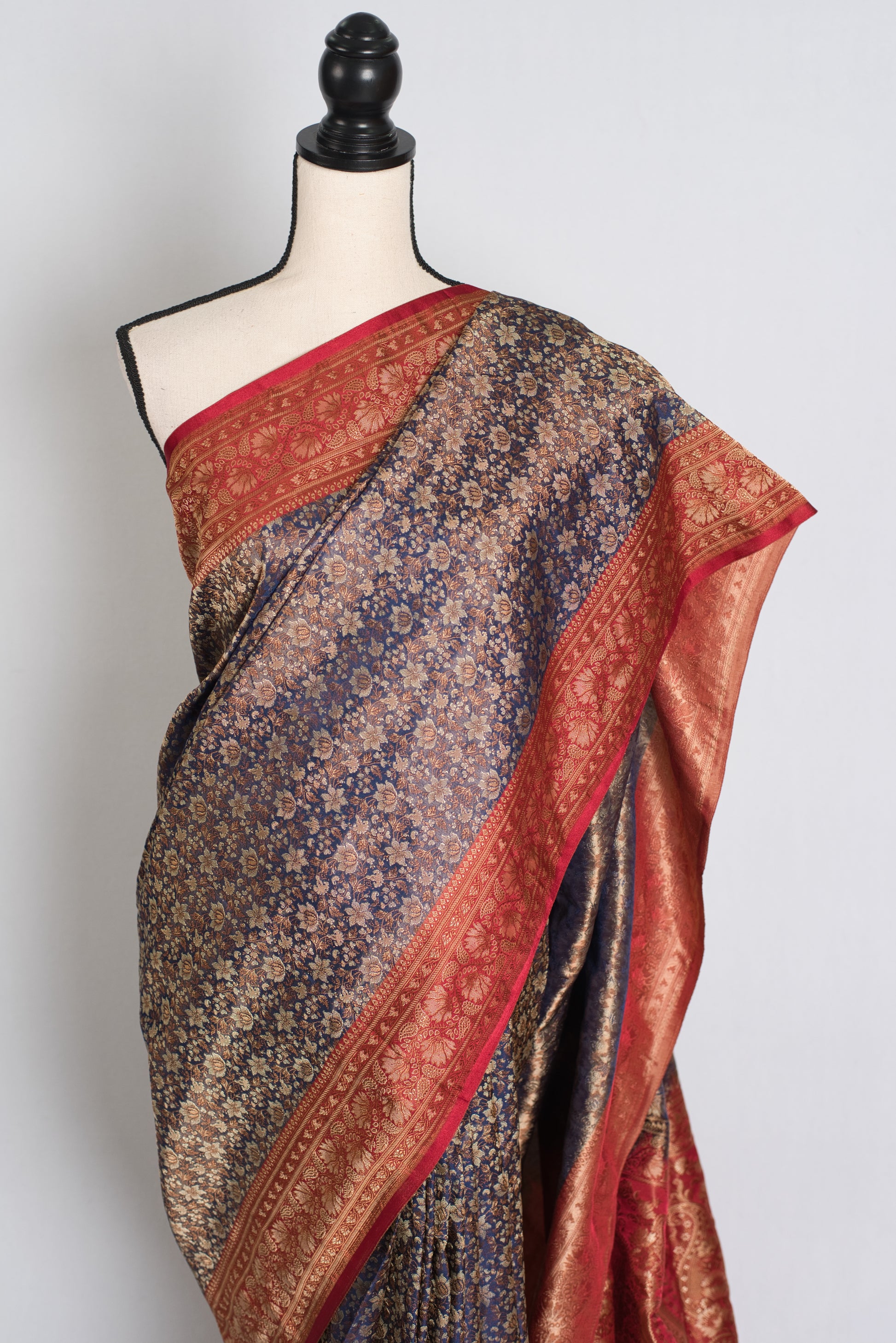 Brinda : Blue and Red Jamawar Banarasi Silk Saree with 40 Size Stitched Blouse