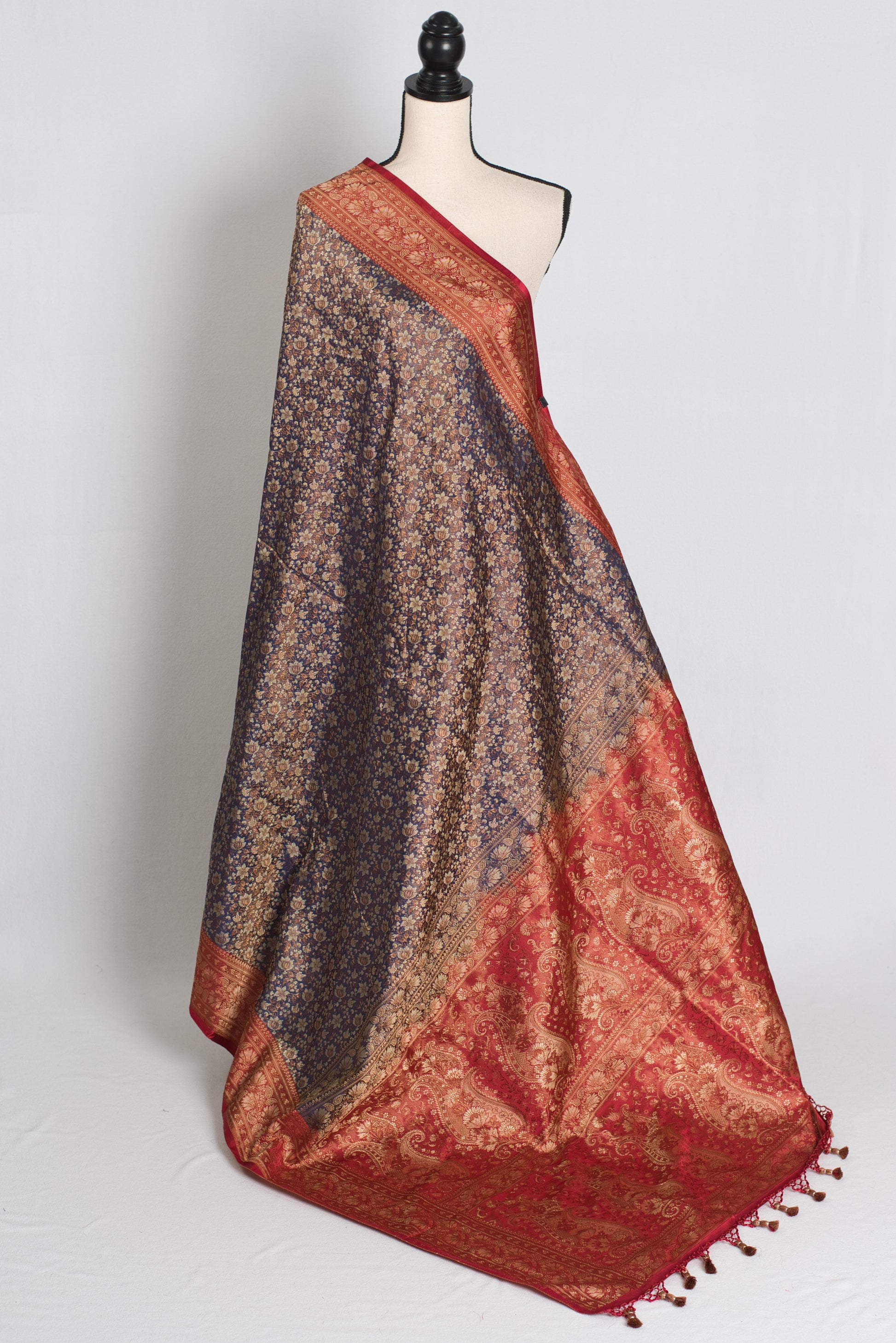 Brinda : Blue and Red Jamawar Banarasi Silk Saree with 40 Size Stitched Blouse