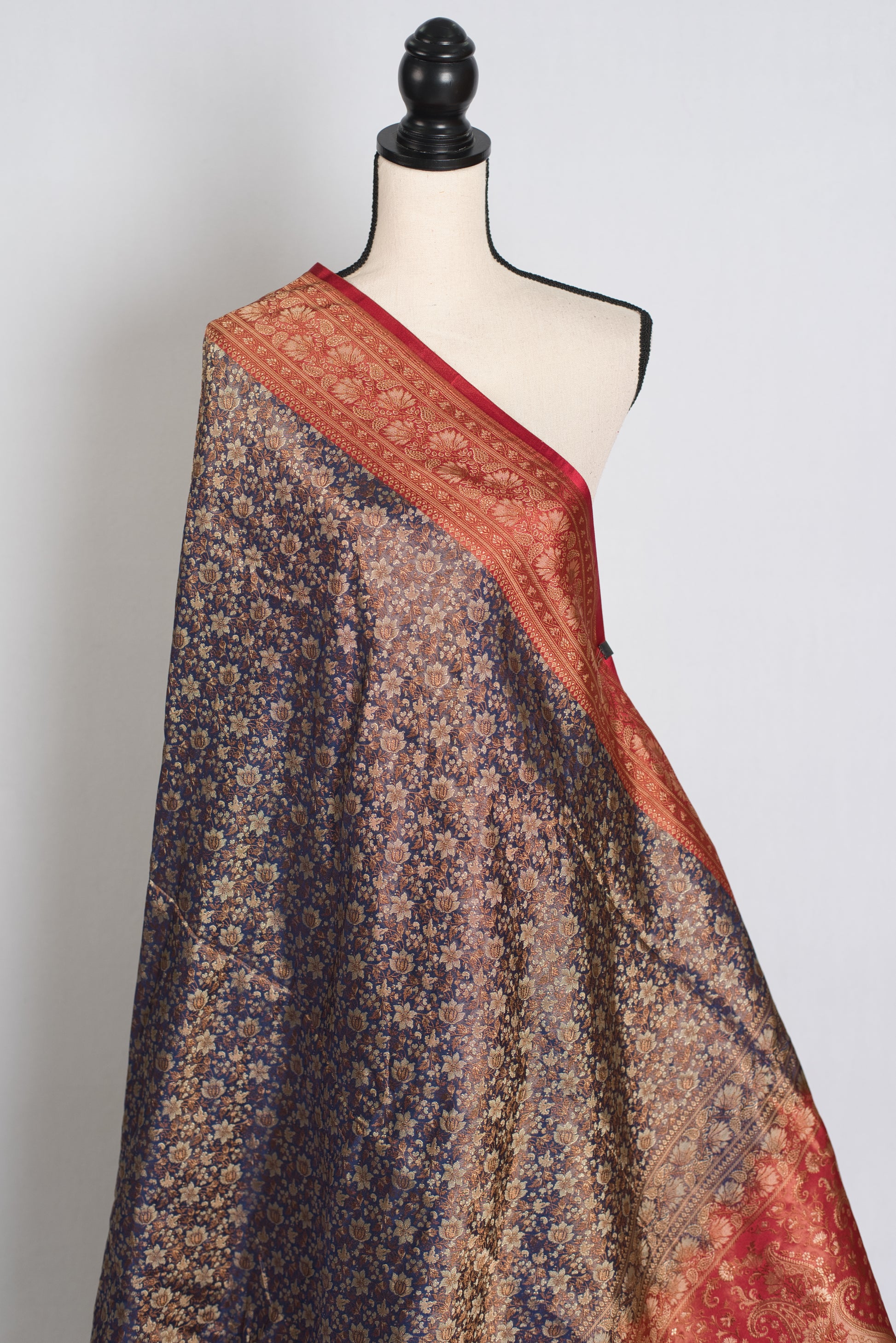 Brinda : Blue and Red Jamawar Banarasi Silk Saree with 40 Size Stitched Blouse
