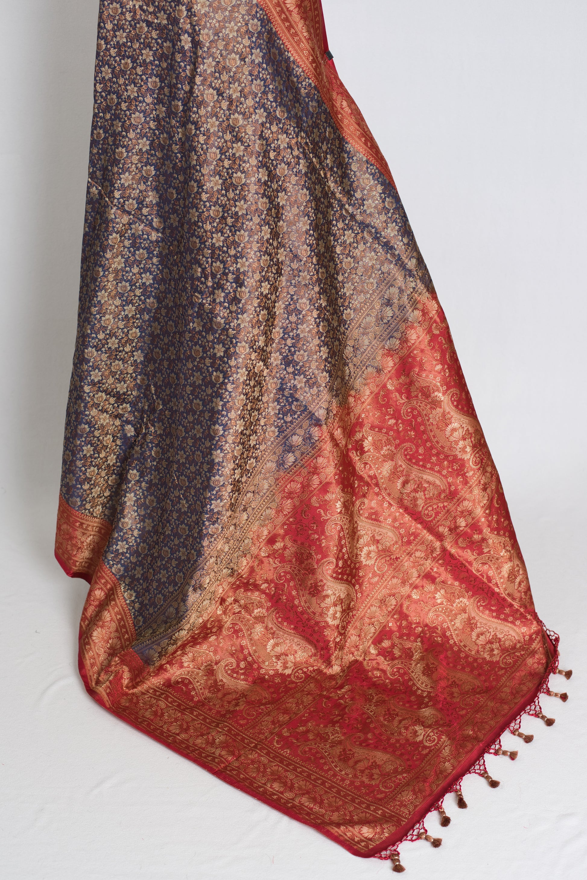 Brinda : Blue and Red Jamawar Banarasi Silk Saree with 40 Size Stitched Blouse