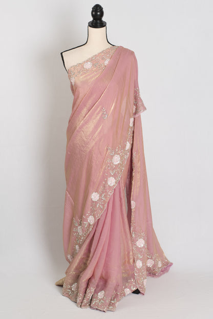 Hand Embroidery Soft Tissue Designer Saree in Frosted Pink