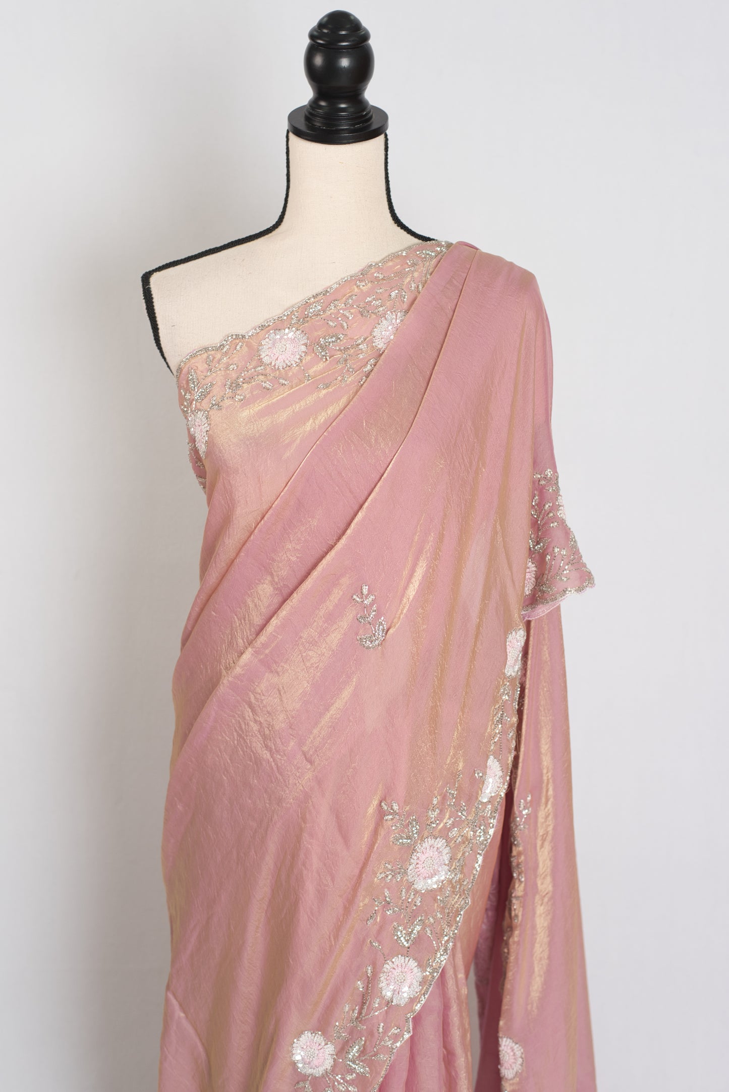 Hand Embroidery Soft Tissue Designer Saree in Frosted Pink