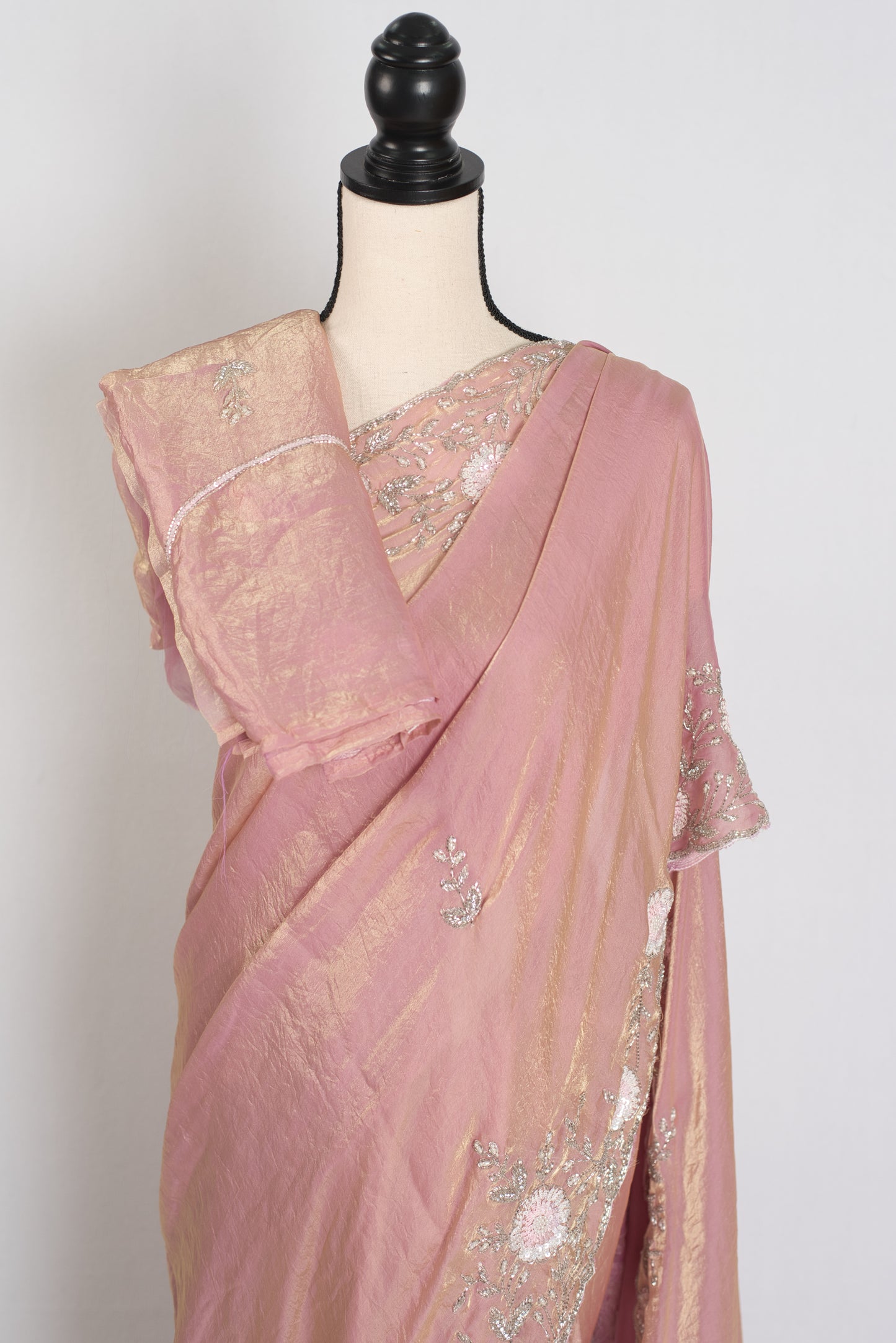Hand Embroidery Soft Tissue Designer Saree in Frosted Pink