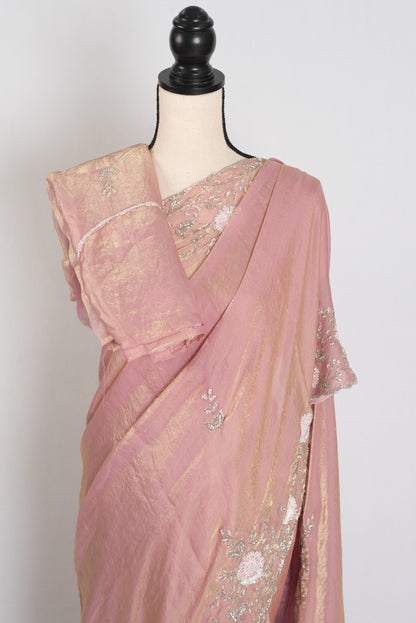 Hand Embroidery Soft Tissue Designer Saree in Frosted Pink