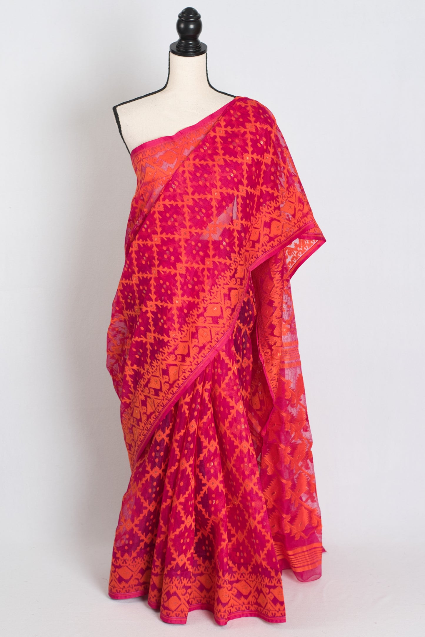Bidisha : Dark Pink and Orange Blended Soft Cotton Jamdani Saree