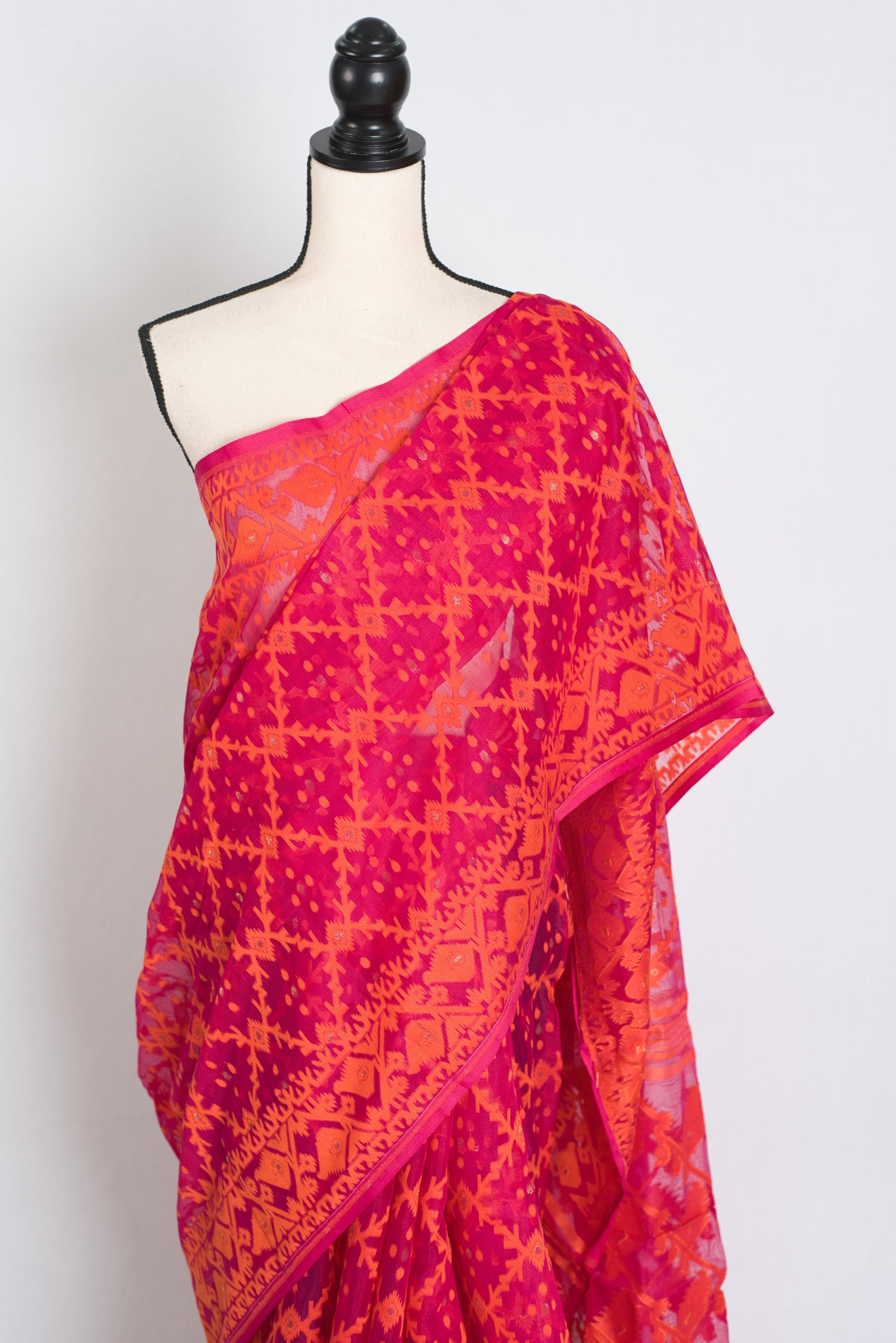 Bidisha : Dark Pink and Orange Blended Soft Cotton Jamdani Saree