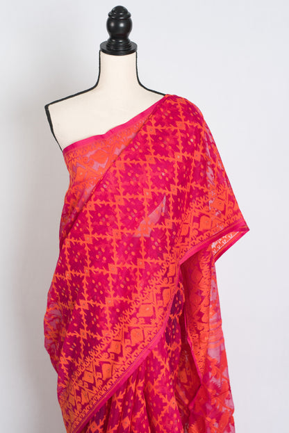 Bidisha : Dark Pink and Orange Blended Soft Cotton Jamdani Saree