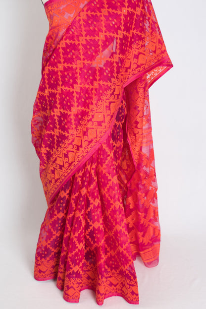 Bidisha : Dark Pink and Orange Blended Soft Cotton Jamdani Saree