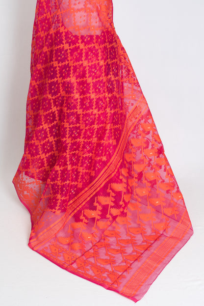 Bidisha : Dark Pink and Orange Blended Soft Cotton Jamdani Saree
