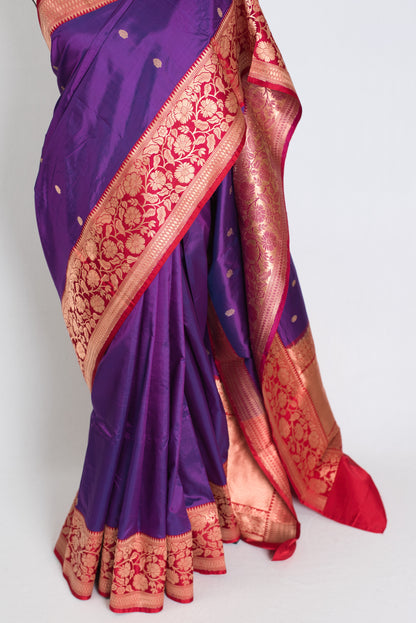 Madhavi : Silk Mark Certified Purple and Red Traditional Silk Banarasi Saree