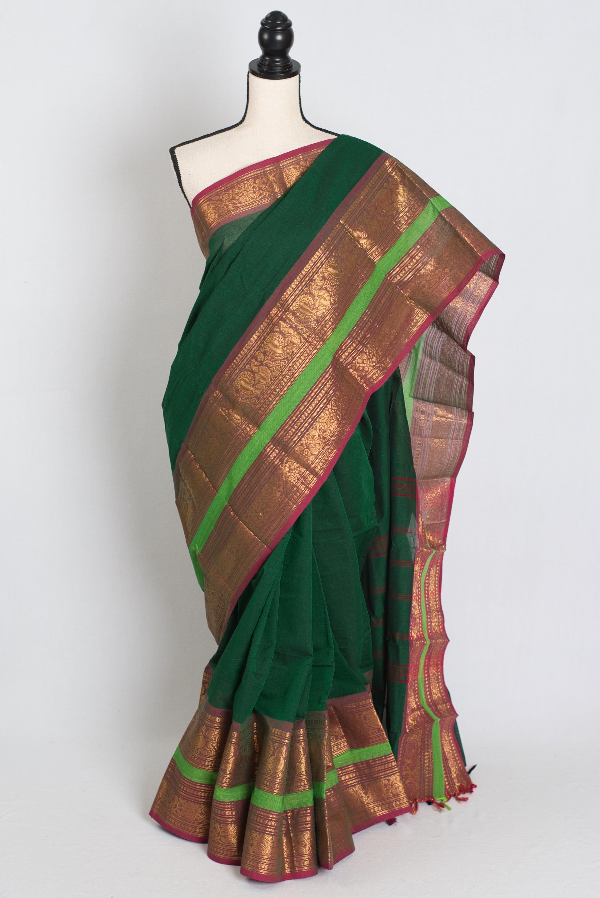 Leela : Bottle Green Kanchi Cotton Saree - Handwoven South Indian Elegance