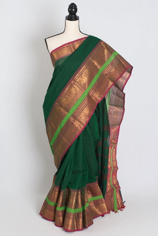 Leela : Bottle Green Kanchi Cotton Saree - Handwoven South Indian Elegance