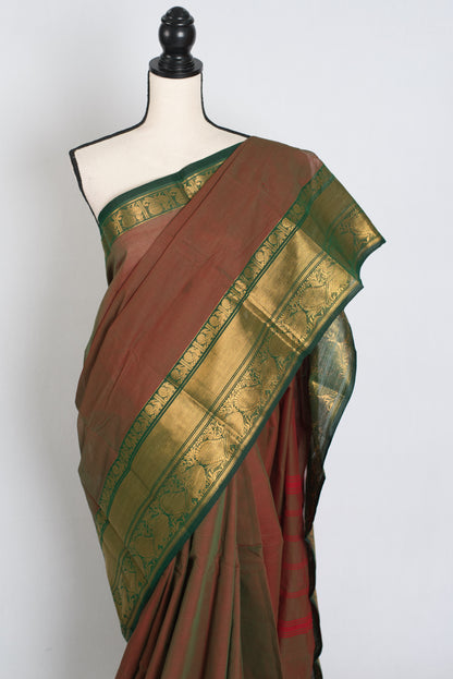 Yamini : Rusty Red Kanchi Cotton Saree - Handwoven South Indian Elegance