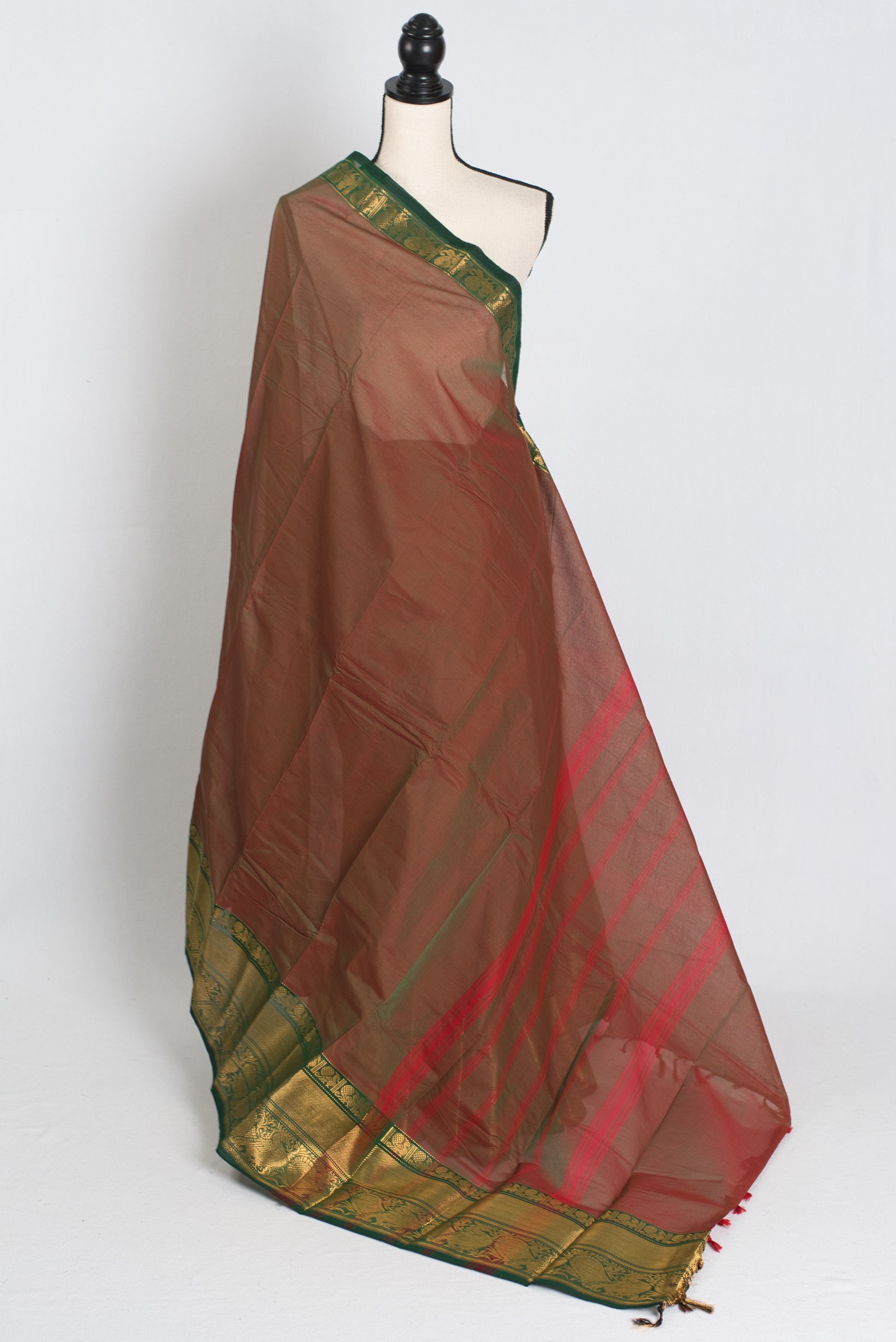 Yamini : Rusty Red Kanchi Cotton Saree - Handwoven South Indian Elegance