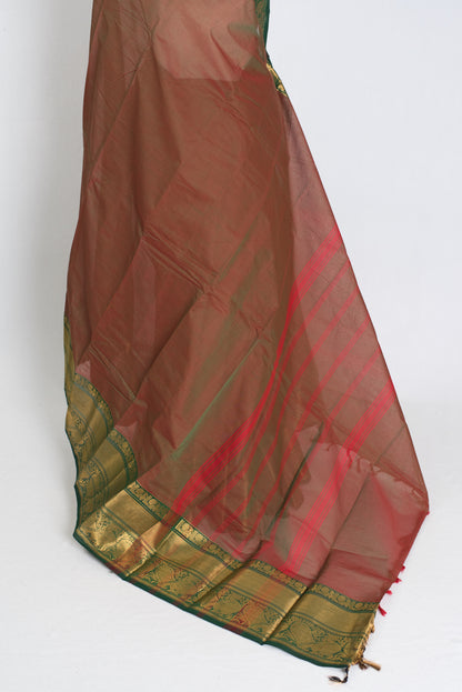 Yamini : Rusty Red Kanchi Cotton Saree - Handwoven South Indian Elegance