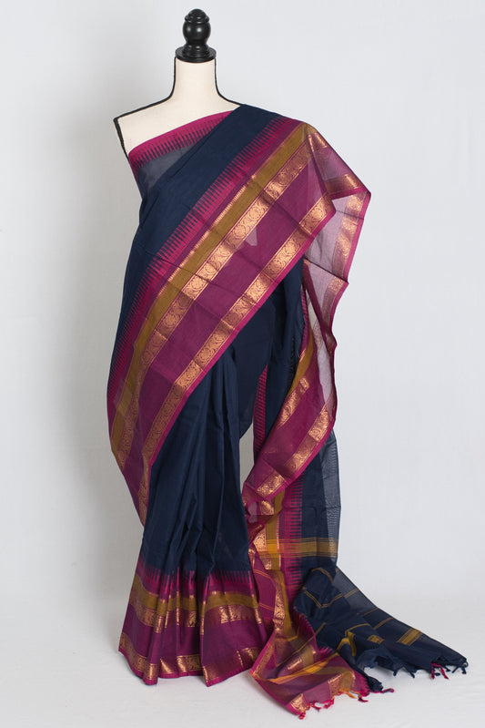 Meera : Handwoven Blue Cotton Kanjivaram Saree with Magenta Border