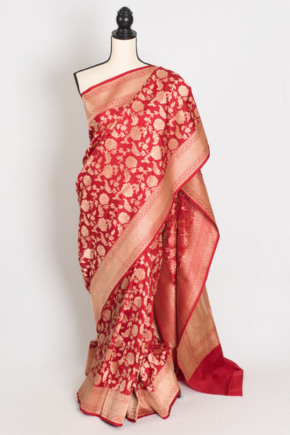 Kumuduni: Silk Mark Certified Red and Gold Bridal Jaal Banarasi Silk Saree