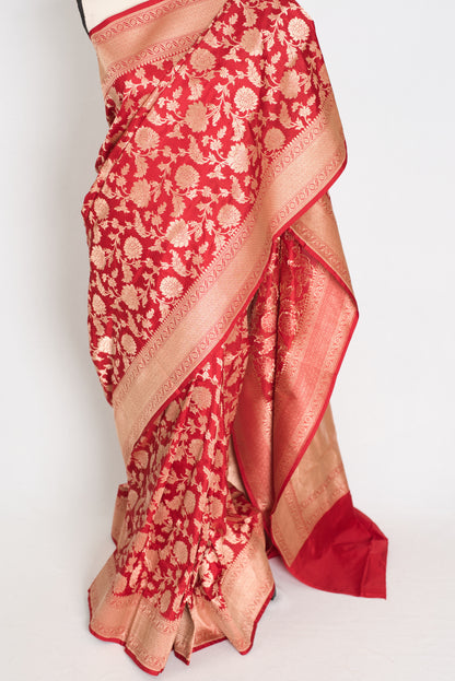Kumuduni: Silk Mark Certified Red and Gold Bridal Jaal Banarasi Silk Saree
