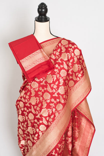 Kumuduni: Silk Mark Certified Red and Gold Bridal Jaal Banarasi Silk Saree