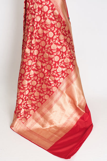 Kumuduni: Silk Mark Certified Red and Gold Bridal Jaal Banarasi Silk Saree